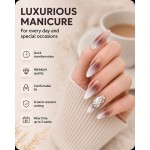 Nude‑Brown Milky White Ombre Rhinestone Press‑On Nails, Elegant Long Almond False Nails